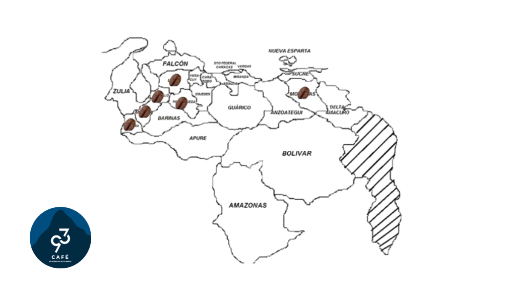 Mapa de las regiones cafetaleras de Venezuela mostrando los estados de Lara, Mérida, Portuguesa, Táchira y Trujillo