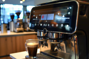 Una máquina de café inteligente de última generación, equipada con tecnología avanzada para personalizar cada taza. Esta imagen refleja las nuevas tecnologías en preparación de café y las tendencias de consumo de café 2024, que priorizan la conveniencia y la personalización en la experiencia del café.