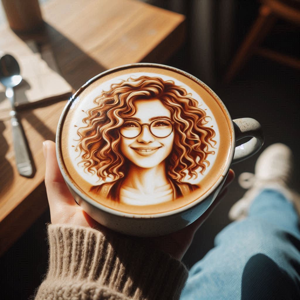 Una taza de café con una impresión detallada en la espuma, mostrando el rostro de una persona. Esta imagen destaca las nuevas tecnologías en la preparación de café, permitiendo personalizar cada taza con diseños únicos y precisos.